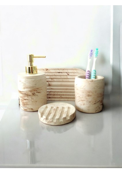 Marble Serisi Bej Beton Sıvı Sabunluk ve Diş Fırçalık Seti modelleri