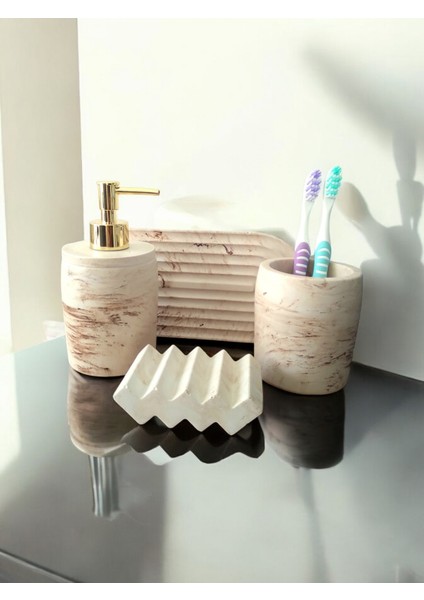 Marble Serisi Bej Sıvı Sabunluk ve Diş Fırçalık Seti