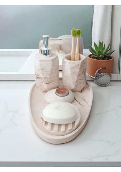 5'li Mermer Desenli Beton Banyo Seti , Sıvı Sabunluk Diş Fırçalığı Aksesuar