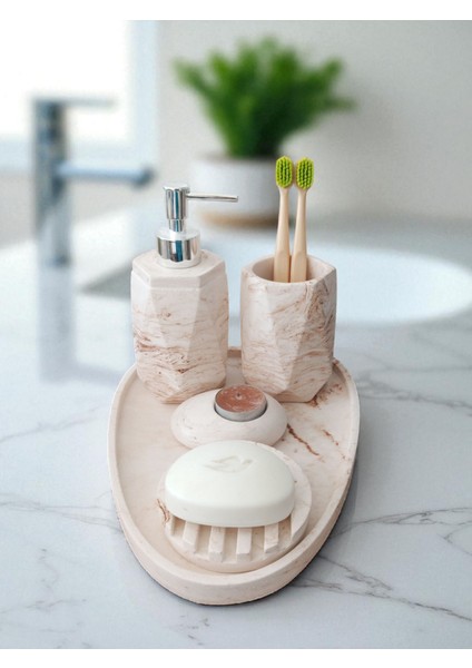 5'li Mermer Desenli Beton Banyo Seti , Sıvı Sabunluk Diş Fırçalığı Aksesuar fiyatları