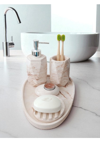 5'li Mermer Desenli Beton Banyo Seti , Sıvı Sabunluk Diş Fırçalığı Aksesuar modelleri