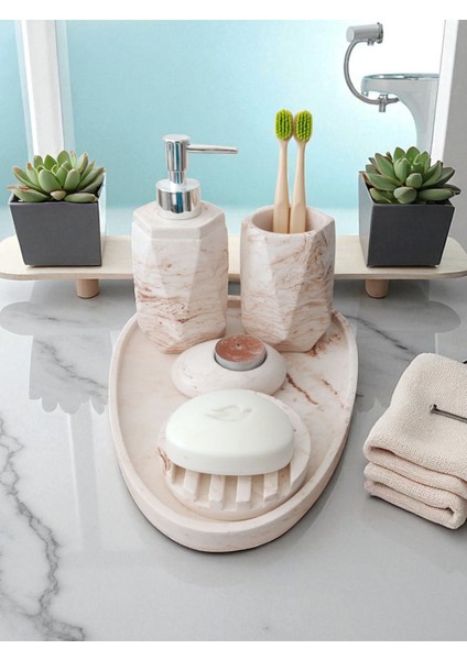 5'li Mermer Desenli Beton Banyo Seti , Sıvı Sabunluk Diş Fırçalığı Aksesuar fırsatları