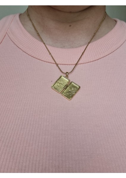 Plaka Madalyon Açılır Kapanır Model Zirkon Taşlı Gold Kadın Çelik Kolye indirimleri