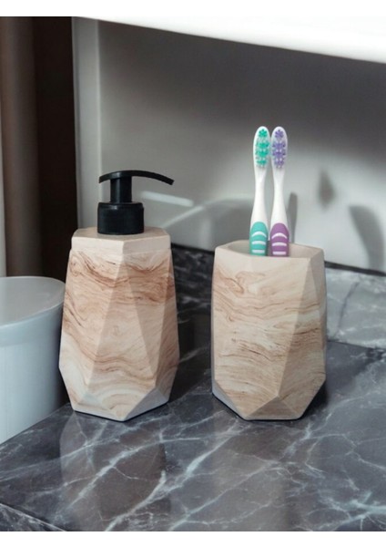 Marble Bej Sıvı Sabunluk ve Diş Fırçalık