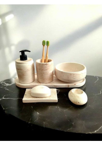 Bej Marble Serisi 6'lı Banyo Seti, Sıvı Sabunluk Diş Fırçalığı Beton Aksesuar Takımı