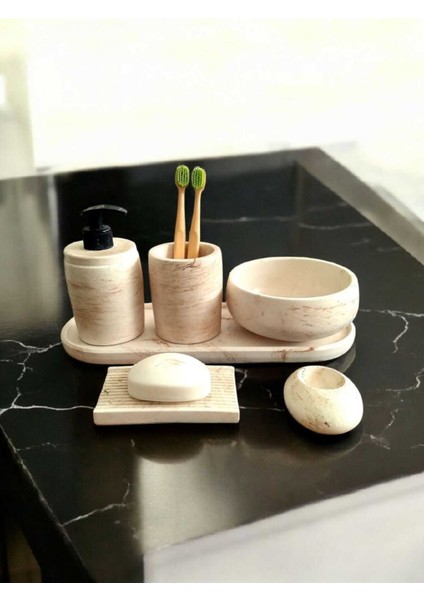 Bej Marble Serisi 6'lı Banyo Seti, Sıvı Sabunluk Diş Fırçalığı Beton Aksesuar Takımı modelleri
