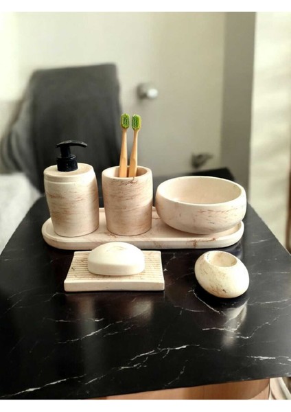 Bej Marble Serisi 6'lı Banyo Seti, Sıvı Sabunluk Diş Fırçalığı Beton Aksesuar Takımı fırsatları