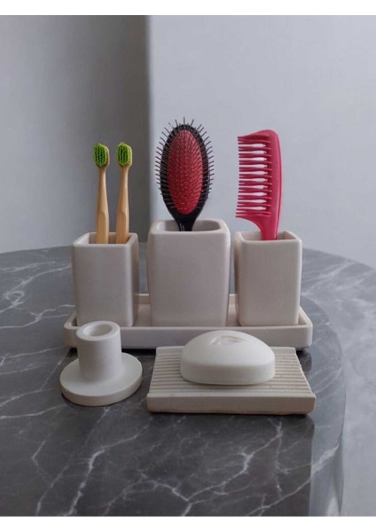6 Parça Mermer Desen Beton Banyo Seti Diş Fırçalık Tütsülük Mumluk Tepsi Sabunluk