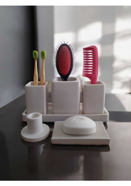 6 Parça Mermer Desen Beton Banyo Seti Diş Fırçalık Tütsülük Mumluk Tepsi Sabunluk modelleri