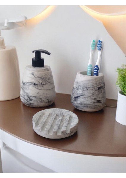Mermer Desenli Gri Banyo Seti