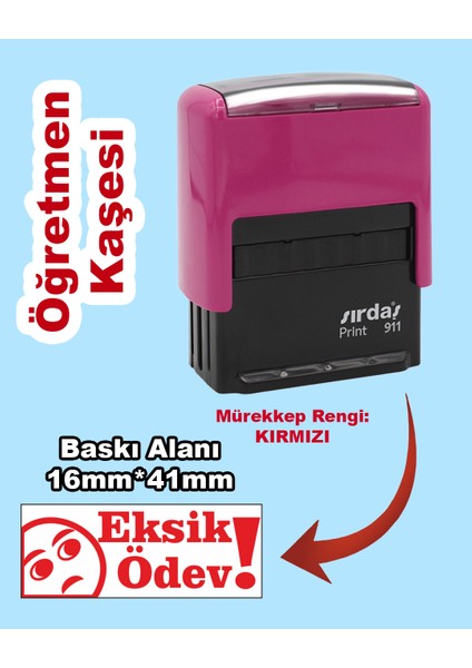 Öğretmen Kaşesi - Eksik Ödev, 911 (16mm*41mm) Kırmızı Keçeli Otomatik Kaşe