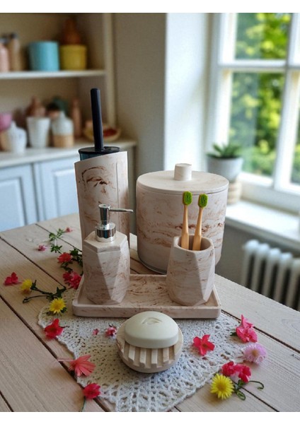 Mermer Desen Bej Çöp Kovasi,banyo Seti Tuvalet Wc Sıvı Sabunluk Diş Fırçalığı Beton Aksesuar Takım