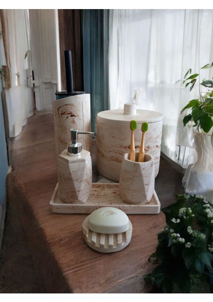 Mermer Desen Bej Çöp Kovasi,banyo Seti Tuvalet Wc Sıvı Sabunluk Diş Fırçalığı Beton Aksesuar Takım fiyatları