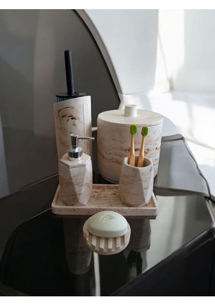 Mermer Desen Bej Çöp Kovasi,banyo Seti Tuvalet Wc Sıvı Sabunluk Diş Fırçalığı Beton Aksesuar Takım modelleri
