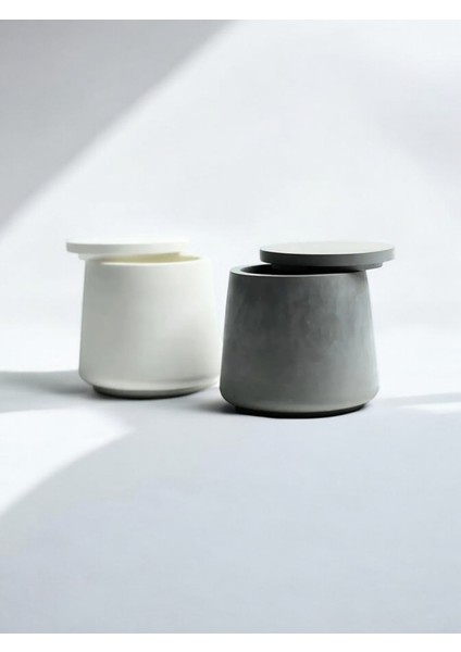 2 Li Yuvarlak Beton Tasarımlı Çok Amaçlı Organizer Kapaklı Kutu, Kalemlik, Kaşıklık,baratlık