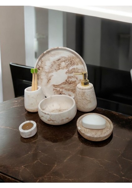 6'lı Mermer Desen Bej Beton Banyo Seti ,sabunluk,diş Fırçalığı,tepsi,mumluk,havluluk, Aksesuar