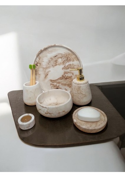 6'lı Mermer Desen Bej Beton Banyo Seti ,sabunluk,diş Fırçalığı,tepsi,mumluk,havluluk, Aksesuar fiyatları
