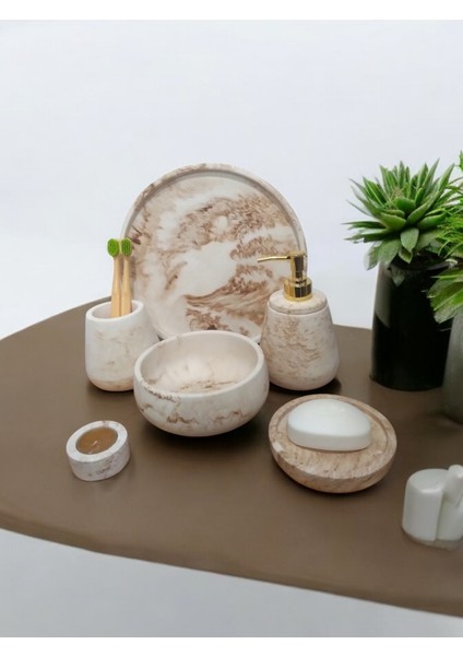 6'lı Mermer Desen Bej Beton Banyo Seti ,sabunluk,diş Fırçalığı,tepsi,mumluk,havluluk, Aksesuar modelleri