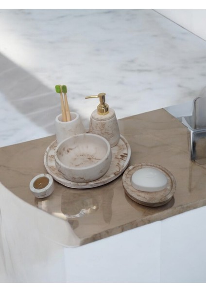 6'lı Mermer Desen Bej Beton Banyo Seti ,sabunluk,diş Fırçalığı,tepsi,mumluk,havluluk, Aksesuar fırsatları