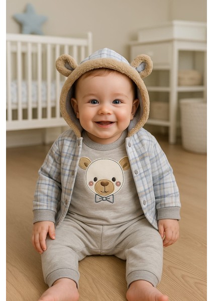 0-3 Ay Erkek Bebek Tüylü Tavşan Kulaklı Pamuklu 3 Lü Takım