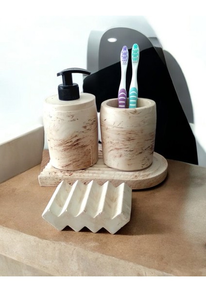 Marble Serisi Bej Beton Sıvı Sabunluk ve Diş Fırçalık Seti