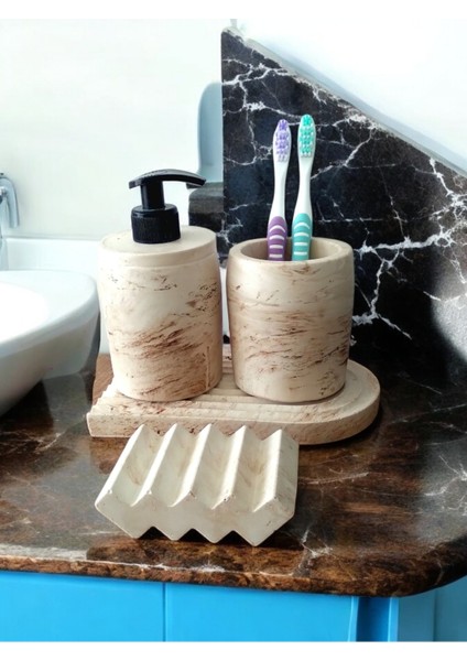 Marble Serisi Bej Beton Sıvı Sabunluk ve Diş Fırçalık Seti fiyatları