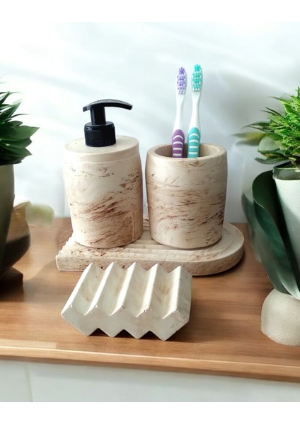 Marble Serisi Bej Beton Sıvı Sabunluk ve Diş Fırçalık Seti modelleri