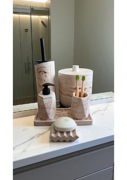 Mermer Desen Bej Çöp Kovasi,banyo Seti Tuvalet Wc Sıvı Sabunluk Diş Fırçalığı Beton Aksesuar Takım
