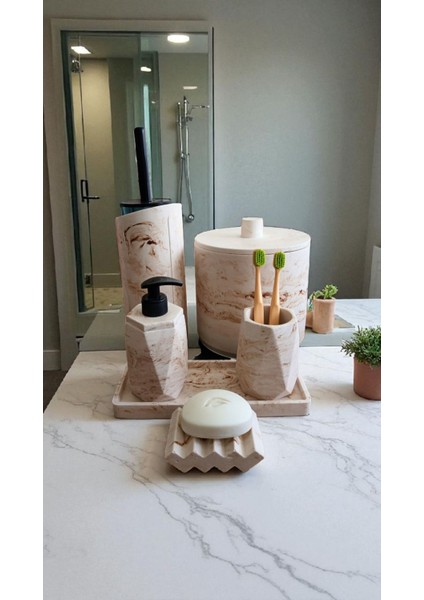 Mermer Desen Bej Çöp Kovasi,banyo Seti Tuvalet Wc Sıvı Sabunluk Diş Fırçalığı Beton Aksesuar Takım fiyatları