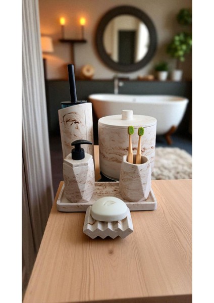 Mermer Desen Bej Çöp Kovasi,banyo Seti Tuvalet Wc Sıvı Sabunluk Diş Fırçalığı Beton Aksesuar Takım modelleri