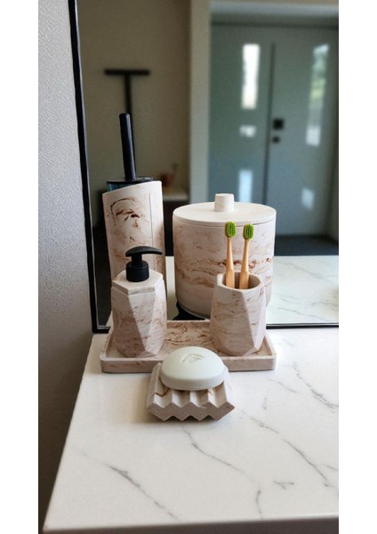 Mermer Desen Bej Çöp Kovasi,banyo Seti Tuvalet Wc Sıvı Sabunluk Diş Fırçalığı Beton Aksesuar Takım fırsatları