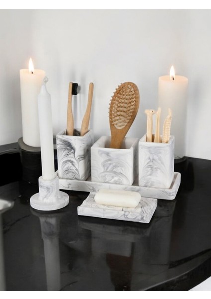 6 Parça Mermer Desen Beton Banyo Seti Diş Fırçalık Tütsülük Mumluk Tepsi Sabunluk