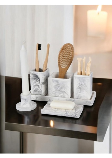 6 Parça Mermer Desen Beton Banyo Seti Diş Fırçalık Tütsülük Mumluk Tepsi Sabunluk fiyatları