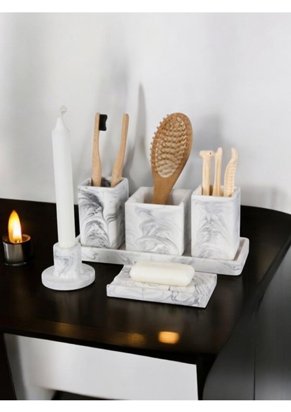 6 Parça Mermer Desen Beton Banyo Seti Diş Fırçalık Tütsülük Mumluk Tepsi Sabunluk modelleri