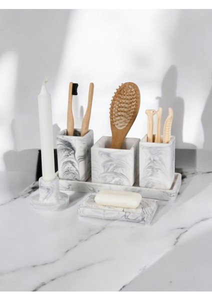 6 Parça Mermer Desen Beton Banyo Seti Diş Fırçalık Tütsülük Mumluk Tepsi Sabunluk fırsatları