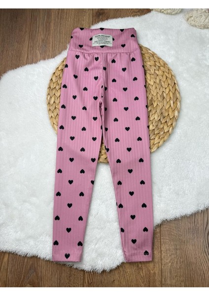 Kışlık Şardonlu Kalp Baskılı Kız Çocuk Fitilli Tayt 5'li Set