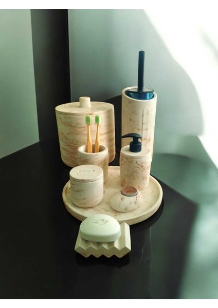 Mermer Desen Bej Beton Banyo Set,,tuvalet Wc,çöp Kovası,sabunluk,tepsi,pamukluk,mumluk,aksesuar