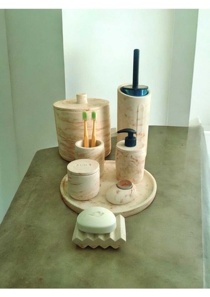 Mermer Desen Bej Beton Banyo Set,,tuvalet Wc,çöp Kovası,sabunluk,tepsi,pamukluk,mumluk,aksesuar modelleri