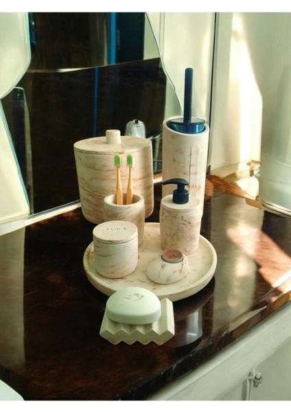Mermer Desen Bej Beton Banyo Set,,tuvalet Wc,çöp Kovası,sabunluk,tepsi,pamukluk,mumluk,aksesuar fırsatları