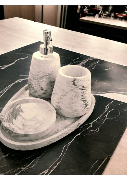 4'lü Mermer Desen Beton Banyo Seti Sıvı Sabunluk Diş Fırçalığı Aksesuar Takım