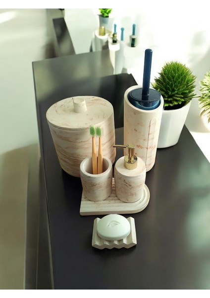 Mermer Serisi Kahve Bej Beton Banyo Seti,çöp Kovasi,tuvalet Fırçası Takimı