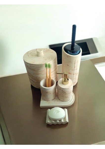 Mermer Serisi Kahve Bej Beton Banyo Seti,çöp Kovasi,tuvalet Fırçası Takimı fiyatları