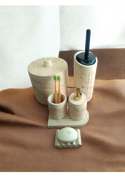 Mermer Serisi Kahve Bej Beton Banyo Seti,çöp Kovasi,tuvalet Fırçası Takimı modelleri