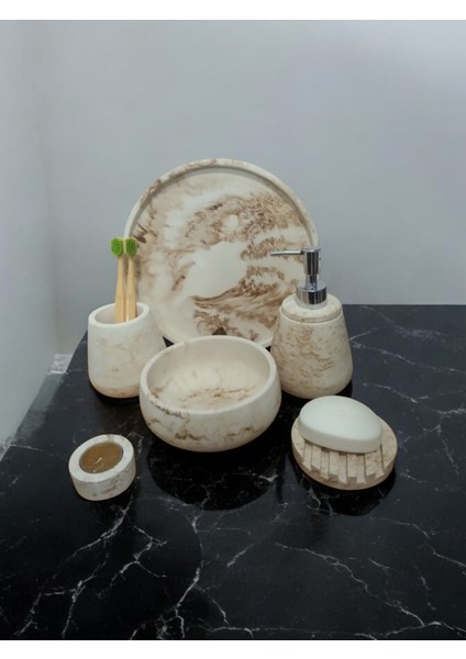 6'lı Mermer Desen Bej Beton Banyo Seti ,sabunluk,diş Fırçalığı,tepsi,mumluk,havluluk, Aksesuar fiyatları