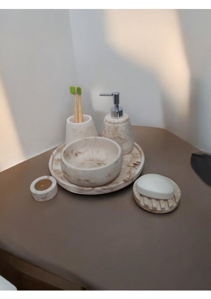 6'lı Mermer Desen Bej Beton Banyo Seti ,sabunluk,diş Fırçalığı,tepsi,mumluk,havluluk, Aksesuar fırsatları
