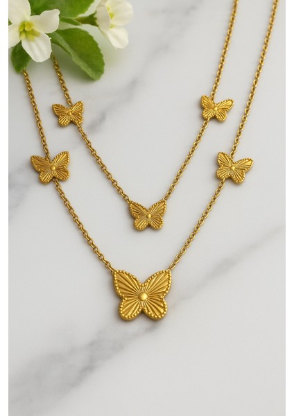Çoklu Kelebek Çift Zincir Detaylı Kelebekler Rüyası Model Gold Kadın Çelik Kolye modelleri