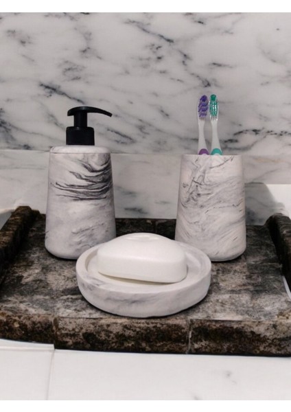 Mermer Desenli Gri Sıvı Sabunluk Diş Fırçalığı Aksesuar Takım