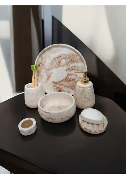 6'lı Mermer Desen Bej Beton Banyo Seti,sabunluk,diş Fırçalığı,tepsi,mumluk,havluluk, Aksesuar fiyatları