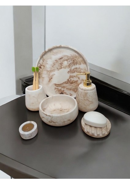 6'lı Mermer Desen Bej Beton Banyo Seti,sabunluk,diş Fırçalığı,tepsi,mumluk,havluluk, Aksesuar modelleri