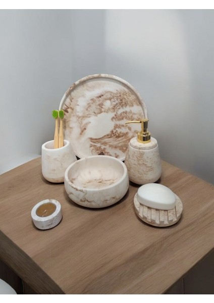 6'lı Mermer Desen Bej Beton Banyo Seti,sabunluk,diş Fırçalığı,tepsi,mumluk,havluluk, Aksesuar fırsatları
